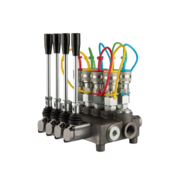 4 sekcijų hidraulinis skirstytuvas 80L su minkštų greitųjų jungčių komplektu, europietiškais lizdais