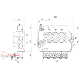 4 sekcijų hidraulinis skirstytuvas 80L su minkštų greitųjų jungčių komplektu, europietiškais lizdais