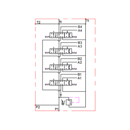 4 sekcijų hidraulinis skirstytuvas 80L su minkštų greitųjų jungčių komplektu, europietiškais lizdais