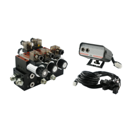 Dviejų sekcijų hidraulinis skirstytuvas CETOP 03 NG6, valdomas elektra 12 V, su dviejų mygtukų valdymo pultu