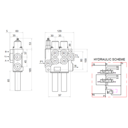 4 sekcijų hidraulinis komplektas: 40 l skirstytuvas + du 6/2 solenoidiniai vožtuvai + valdymo svirtis su dviem mygtukais + du 1 