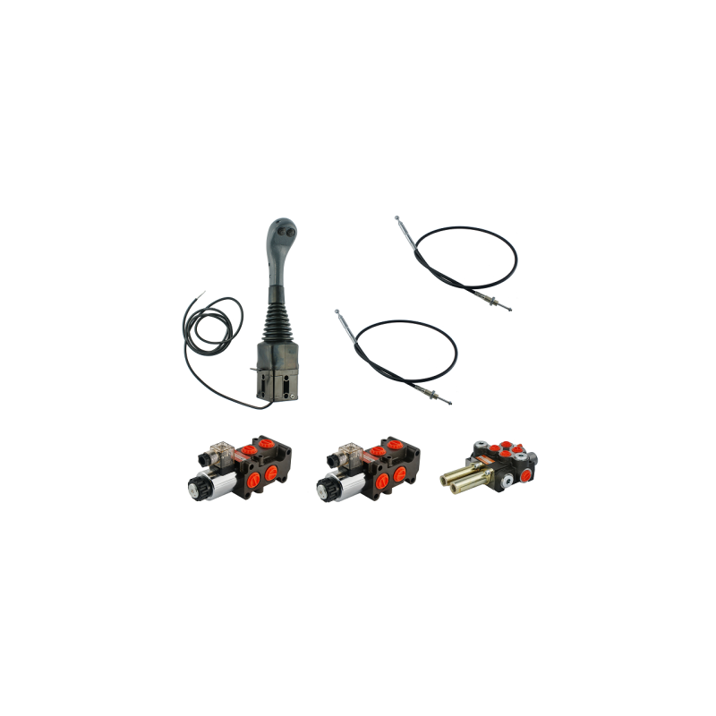 4 dalių hidraulinis komplektas: 40 l skirstytuvas + du 6/2 solenoidiniai vožtuvai + valdymo svirtis su dviem mygtukais + du 1,5 