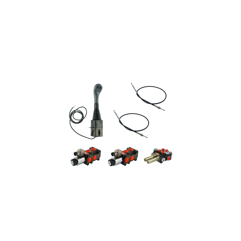 4 sekcijų hidraulinis komplektas: 40 l skirstytuvas + du 6/2 solenoidiniai vožtuvai + valdymo svirtis su dviem mygtukais + du 2 