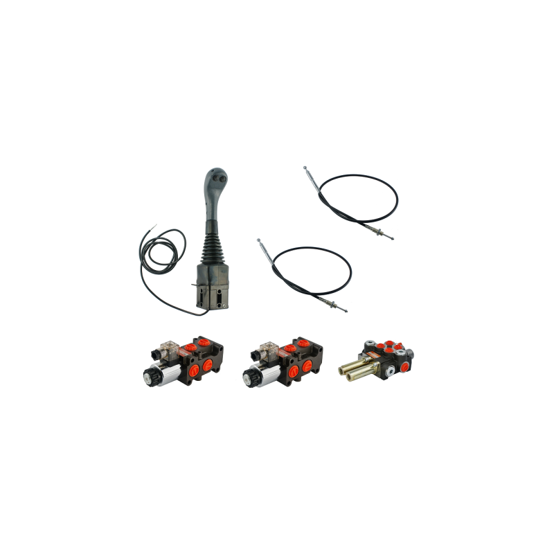 4 dalių hidraulinis komplektas: 40 l skirstytuvas + du 6/2 solenoidiniai vožtuvai + valdymo svirtis su dviem mygtukais + du 1,5 