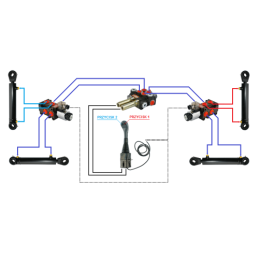 4 sekcijų hidraulinis komplektas: 40 l skirstytuvas + du 6/2 solenoidiniai vožtuvai + valdymo svirtis su dviem mygtukais + du 2 