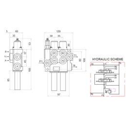 4 sekcijų hidraulinis komplektas: 40 l skirstytuvas + du 6/2 solenoidiniai vožtuvai + valdymo svirtis su dviem mygtukais + du 3 