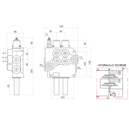 dalių hidraulinis komplektas: 80 l skirstytuvas + 6/2 solenoidinis vožtuvas + valdymo svirtis su vienu mygtuku + du 3 m kabeliai