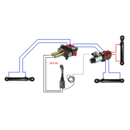 3 dalių hidraulinis komplektas: 80 l skirstytuvas + 6/2 solenoidinis vožtuvas + valdymo svirtis su vienu mygtuku + du 2,5 m kabe