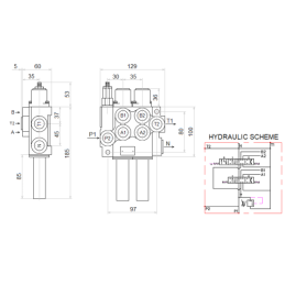 4 sekcijų hidraulinis rinkinys: 40 l skirstytuvas su plūduriuojančia sekcija + du 6/2 solenoidiniai vožtuvai + valdymo svirtis s