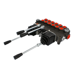 6 sekcijų hidraulinis skirstytuvas, 80 l/min., valdomas dviem valdymo svirtimis ir dviem svirtimis