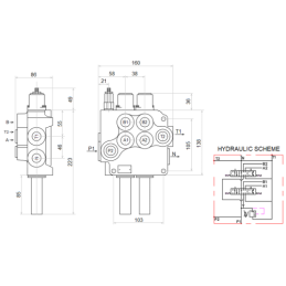 sekcijų hidraulinis komplektas: 80 l skirstytuvas + du 6/2 solenoidiniai vožtuvai + valdymo svirtis su dviem mygtukais + du 1,5 