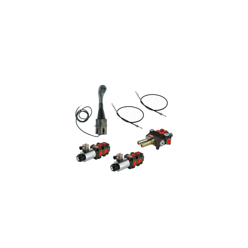 4 sekcijų hidraulinis komplektas: 80 l skirstytuvas + du 6/2 solenoidiniai vožtuvai + valdymo svirtis su dviem mygtukais + du 2 