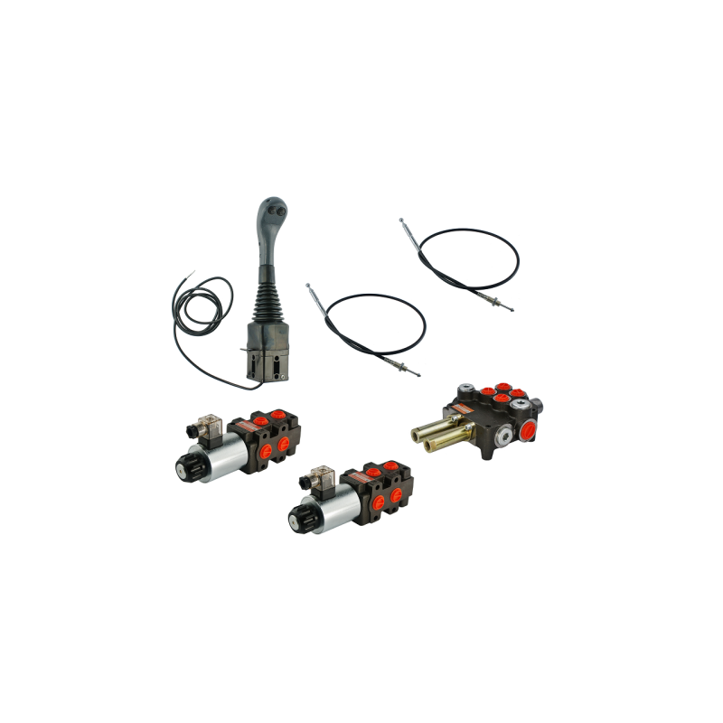 4 sekcijų hidraulinis komplektas: 80 l skirstytuvas + du 6/2 solenoidiniai vožtuvai + valdymo svirtis su dviem mygtukais + du 3 