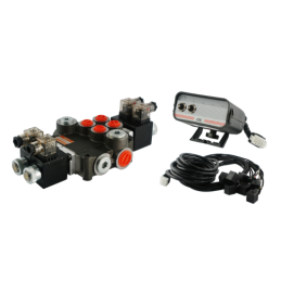 2 sekcijų hidraulinis skirstytuvas 80 l/min., valdomas elektra 12 V su valdymo pultu su dviem mygtukais