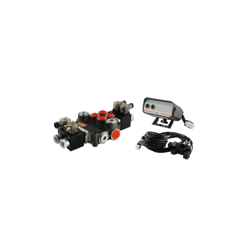 2 sekcijų hidraulinis skirstytuvas 80 l/min., valdomas elektra 12 V su valdymo pultu su dviem mygtukais