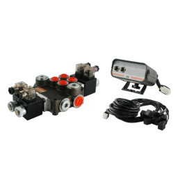 2 sekcijų hidraulinis skirstytuvas 80 l/min., valdomas elektra 24 V su valdymo pultu su dviem mygtukais