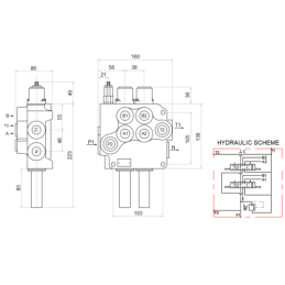 4 sekcijų hidraulinis komplektas: 80 l skirstytuvas + du 6/2 solenoidiniai vožtuvai + valdymo svirtis su dviem mygtukais + du 2,