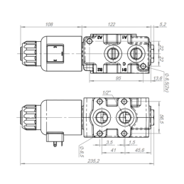 4 sekcijų hidraulinis komplektas: 80L skirstytuvas su plūduriuojančia sekcija + du 6/2 solenoidiniai vožtuvai + valdymo svirtis 