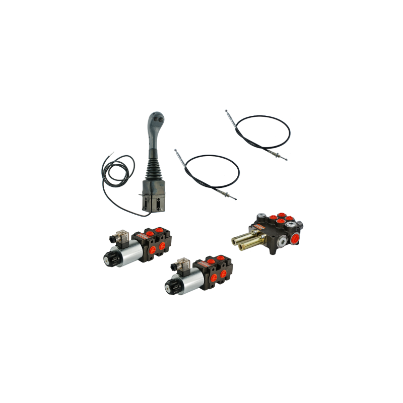 4 sekcijų hidraulinis komplektas: 80L skirstytuvas su plūduriuojančia sekcija + du 6/2 solenoidiniai vožtuvai + valdymo svirtis 