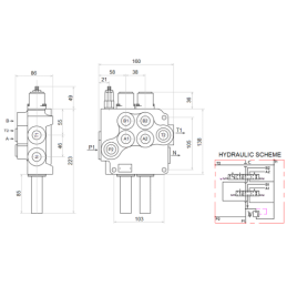 4 sekcijų hidraulinis komplektas: 80L skirstytuvas su plūduriuojančia sekcija + du 6/2 solenoidiniai vožtuvai + valdymo svirtis 
