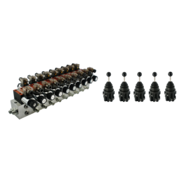 9 sekcijų hidraulinis skirstytuvo blokas, CETOP 03 NG6, valdomas elektra 24 V, komplektuojamas su penkiomis 5 padėčių elektrinėm