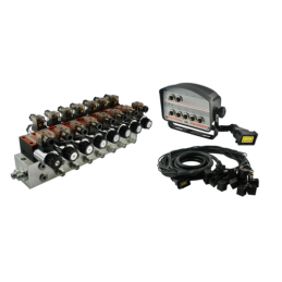 7 sekcijų hidraulinis skirstytuvo blokas, tipas CETOP 03 NG6, valdomas elektra 24 V, su valdymo pultu su septyniais mygtukais