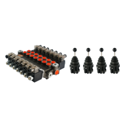 sekcijų hidraulinis skirstytuvas, 40 l/min., valdomas elektra (12 V), komplektuojamas su dviem 5 padėčių elektrinėmis valdymo sv