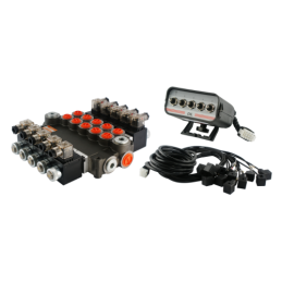 5 sekcijų hidraulinis skirstytuvas, 80 l/min., valdomas elektra (24 V), su valdymo pultu su penkiais mygtukais