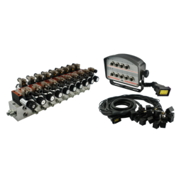 9 sekcijų hidraulinis skirstytuvo blokas, tipas CETOP 03 NG6, valdomas elektra 12 V, su valdymo pultu su devyniais mygtukais