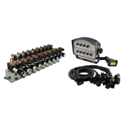 9 sekcijų hidraulinis skirstytuvo blokas, tipas CETOP 03 NG6, valdomas elektra 24 V, su valdymo pultu su devyniais mygtukais