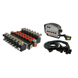 7 sekcijų hidraulinis skirstytuvas 40 l/min., valdomas elektra 24 V su valdymo pultu su septyniais mygtukais