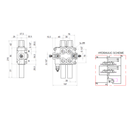 2 dalių hidraulinis komplektas: 60 l skirstytuvas + valdymo svirtis be mygtukų + du 2,5 m kabeliai