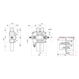 sekcijų hidraulinis komplektas: 60 l skirstytuvas su plūduriuojančia sekcija + valdymo svirtis su vienu mygtuku + du 3 m kabelia