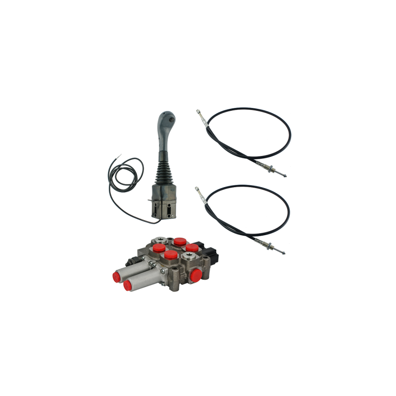 2 dalių hidraulinis komplektas: 60 l skirstytuvas + vairasvirtė su vienu mygtuku + du 2 m kabeliai