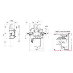 2 dalių hidraulinis komplektas: 60 l skirstytuvas + vairasvirtė su vienu mygtuku + du 2 m kabeliai
