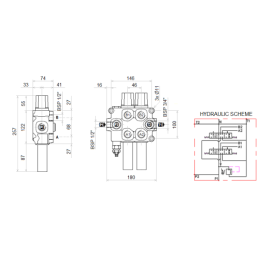 2 dalių hidraulinis komplektas: 90 l skirstytuvas + vairasvirtė su vienu mygtuku + du 2 m kabeliai