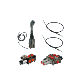 2 dalių hidraulinis komplektas: 60 l skirstytuvas + vairasvirtė su vienu mygtuku + du 1 m ilgio kabeliai