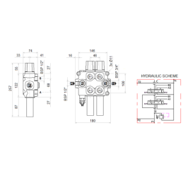 dalių hidraulinis komplektas: 90 l skirstytuvas + valdymo svirtis be mygtukų + du 1,5 m ilgio kabeliai