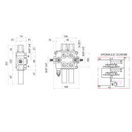 2 dalių hidraulinis komplektas: 120 l skirstytuvas + valdymo svirtis be mygtukų + du 2,5 m kabeliai