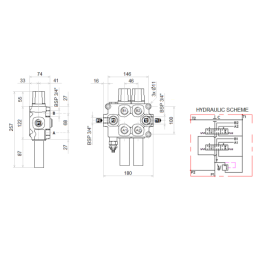 2 dalių hidraulinis komplektas: 120 l skirstytuvas + vieno mygtuko valdymo svirtis + du 1,5 m ilgio kabeliai