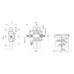 2 sekcijų hidraulinis komplektas: 90 l skirstytuvas su plūduriuojančia sekcija + valdymo svirtis be mygtukų + du 2,5 m kabeliai