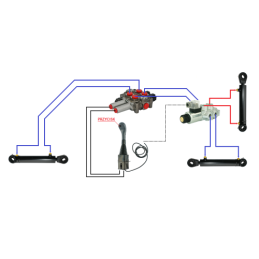3 dalių hidraulinis komplektas: 60 l skirstytuvas su plūduriuojančia sekcija + 6/2 solenoidinis vožtuvas + valdymo svirtis su vi