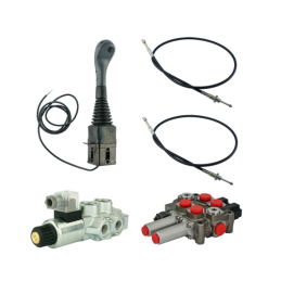 3 dalių hidraulinis komplektas: 60 l skirstytuvas + 6/2 solenoidinis vožtuvas + valdymo svirtis su vienu mygtuku + du 2 m kabeli