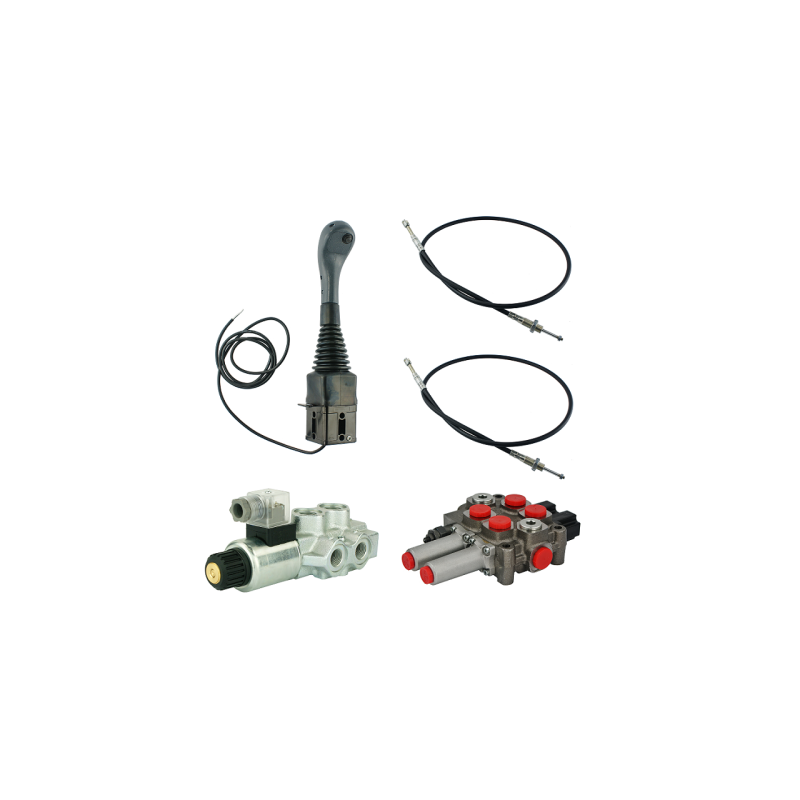 3 dalių hidraulinis komplektas: 60 l skirstytuvas + 6/2 solenoidinis vožtuvas + valdymo svirtis su vienu mygtuku + du 1 m kabeli