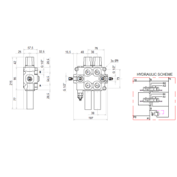 3 dalių hidraulinis komplektas: 60 l skirstytuvas + 6/2 solenoidinis vožtuvas + valdymo svirtis su vienu mygtuku + du 1 m kabeli