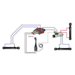 3 dalių hidraulinis komplektas: 60 l skirstytuvas + 6/2 solenoidinis vožtuvas + valdymo svirtis su vienu mygtuku + du 2,5 m kabe