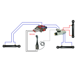 3 dalių hidraulinis komplektas: 60 l skirstytuvas + 6/2 solenoidinis vožtuvas + valdymo svirtis su vienu mygtuku + du 1,5 m kabe