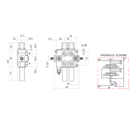 dalių hidraulinis komplektas: 60 l skirstytuvas + 6/2 solenoidinis vožtuvas + valdymo svirtis su vienu mygtuku + du 3 m kabeliai