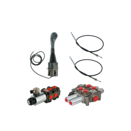 2 dalių hidraulinis komplektas: 90 l skirstytuvas + vairasvirtė su vienu mygtuku + du 1 m ilgio kabeliai