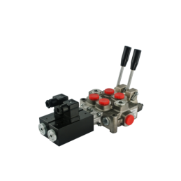 Dviejų sekcijų hidraulinis skirstytuvas 60 l/min., valdomas elektra 24 V arba su svirtimis. Galtech: Q45-F1S-2X103/A1/D41-F3D-24